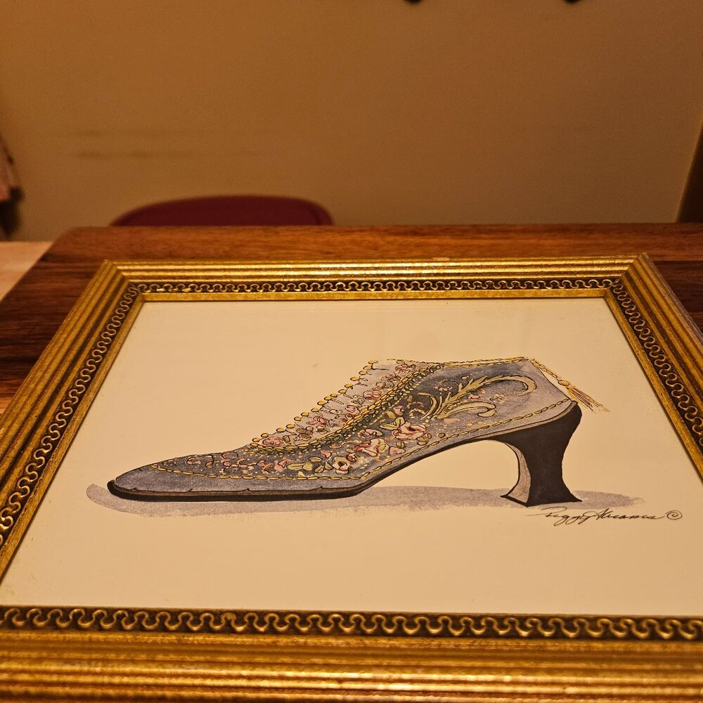 framed watercolor print of a Victorian style shoe signed Peggy Abrams